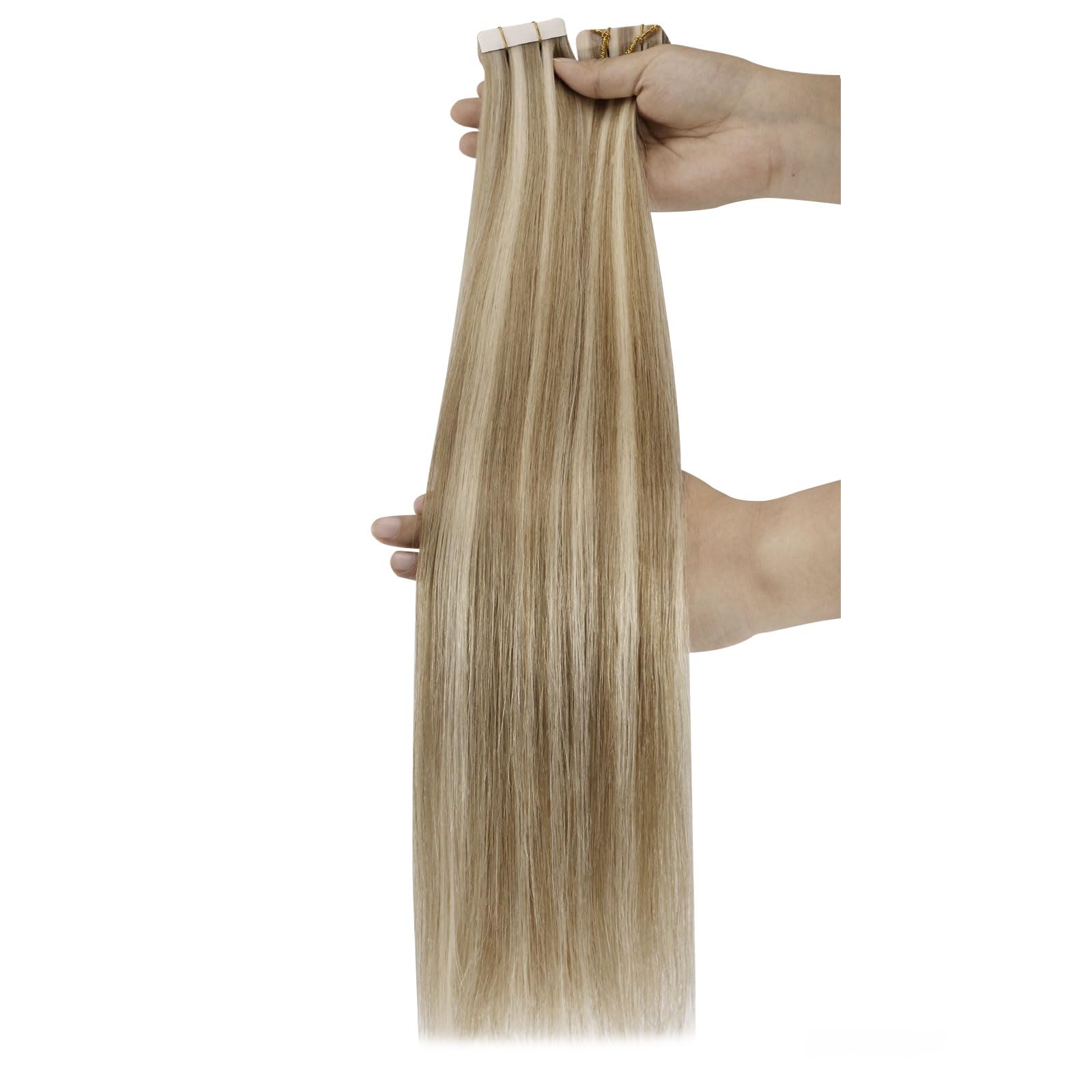 Ugeat Przedłużanie Włosów Taśma, Włosy Ludzkie, Pasemka Ciemny Popielaty Blond, 40 cm 20 sztuk 50g, Przedłużanie Włosów Tape in, Złotym Blondem, Remy Naturalne Proste