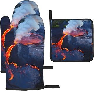 Kilauea Volcanos Printing Oven Mitts and Pot Holders,Heat Resistant Oven Gloves Hot Pads for Kitchen Cooking Grill,3 Pcs