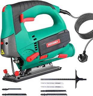 Jigsaw, 800W Max Cutting Depth 110mm for Wood, 800-3000SPM HYCHIKA Electric Jigsaw with Laser, 6 Variable Speeds, 0-3 Orbital Sets, Bevel Cutting: -45 ° to 45, 6 Blades