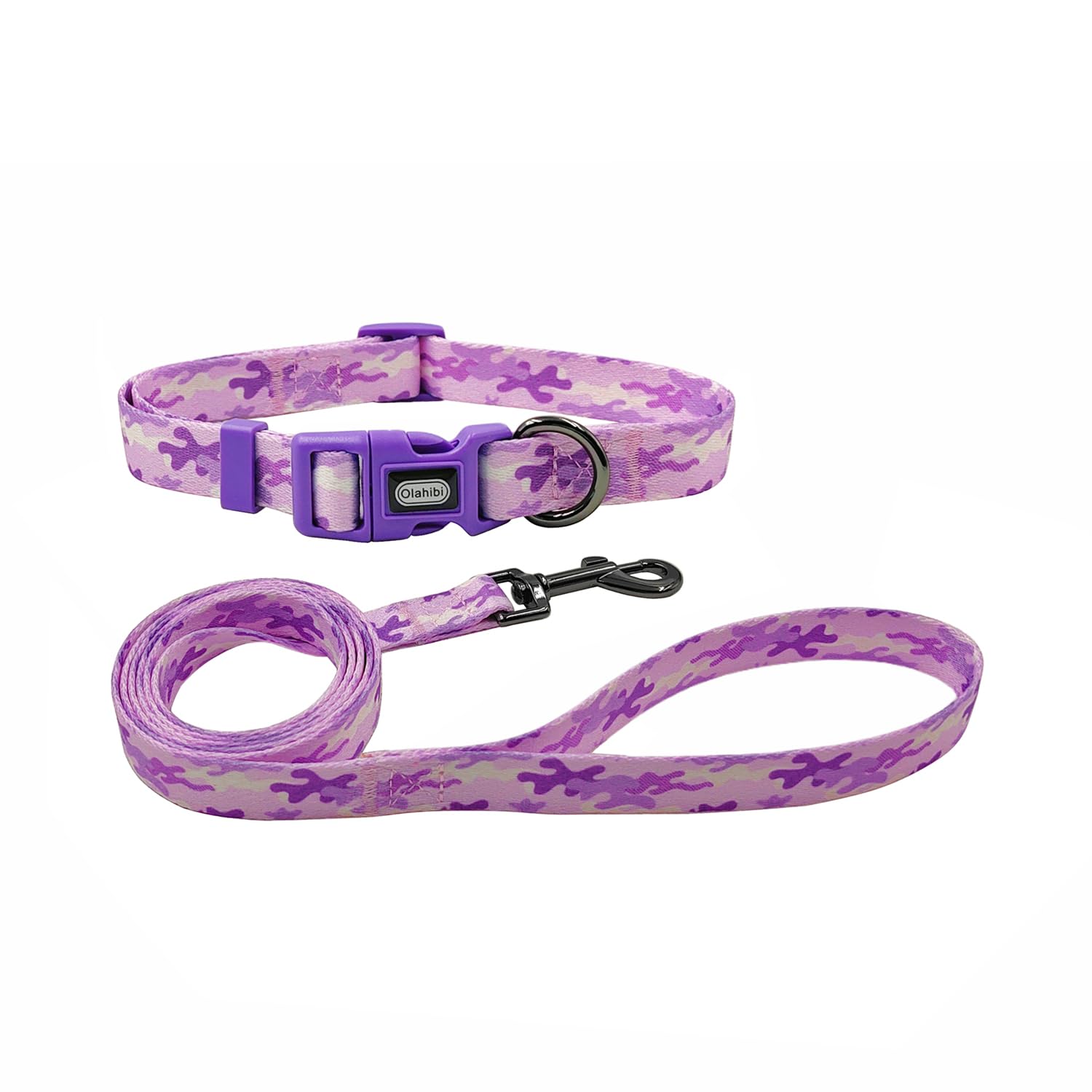 Olahibi Dog Collar Leash Set, Camouflage Pattern, Polyester Material, Adjustable Collar and 5ft Matching Leash, for Medium Dogs.(M, Purple Camo)