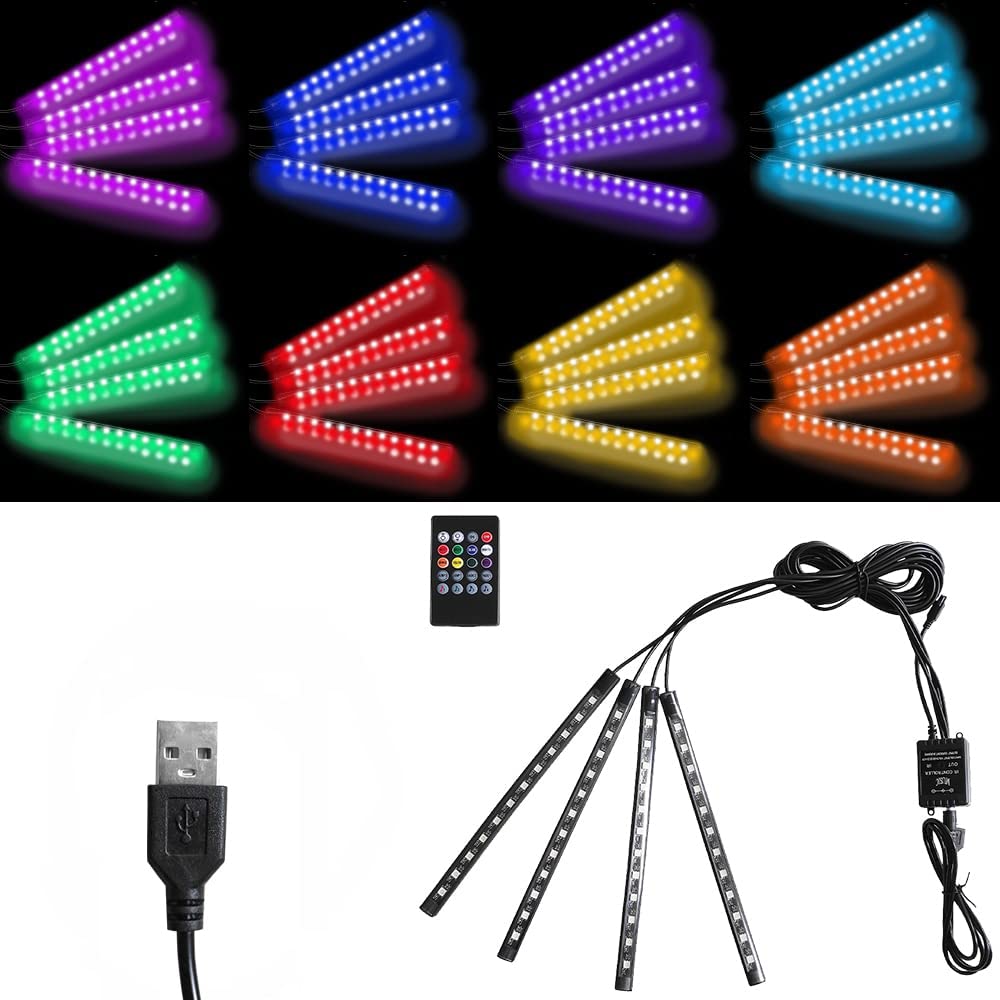 NO7RUBAN 4PCS Car LED Strip Lights with Remote Control and Music Mode, 12V LED Interior Lights Multicolor Music Car Strip Light Under Dash Lighting Kit DC 5V