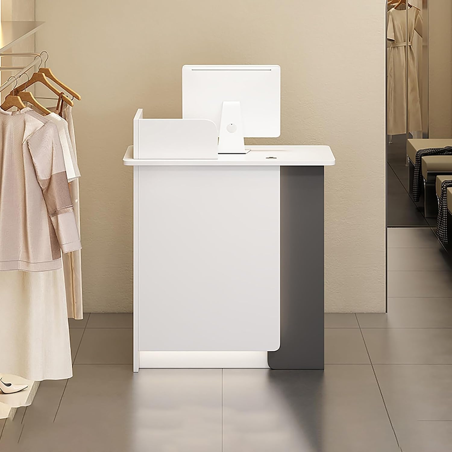 Reception Desk,Checkout Counter,Small Front Checkout Desk,Double Drawers and A Storage Cabinet for Lobby,Salon,Home Office Desk(Milky White (Right),80cm)