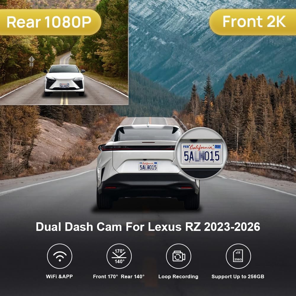 Fitcamx Front 2K+Rear 1080P Dash Cam Adapts for Lexus RZ 2023-2026 RZ 300e 350e 450e 550e, Integrated OEM Style, Dual HD Video, Loop Recording, WiFi & APP, Gravity Sensor, Easy to Set, 64GB Card