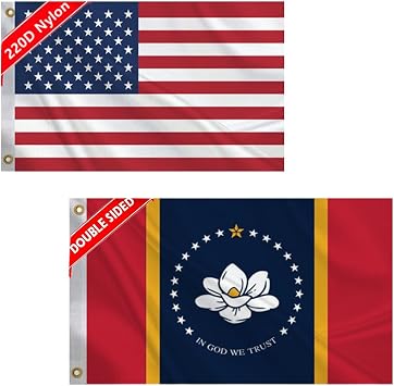 2 Pack Double Sided New Mississippi State and America USA Boat Flags 12x18inch,220D Sturdy Nylon US Flag for Boat Motorcycle Truck,MS Marine Flags with 2 Brass Grommets.