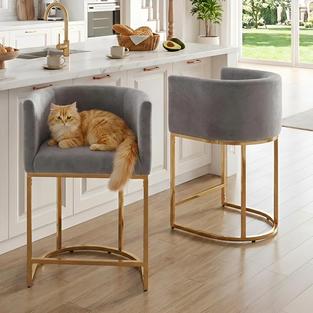 HNY Modern Counter Height Velvet Fabric Upholstered Counter Stools Set of 2, 24 Inch Kitchen Island Stool with Gold Finish Metal Frame, Grey