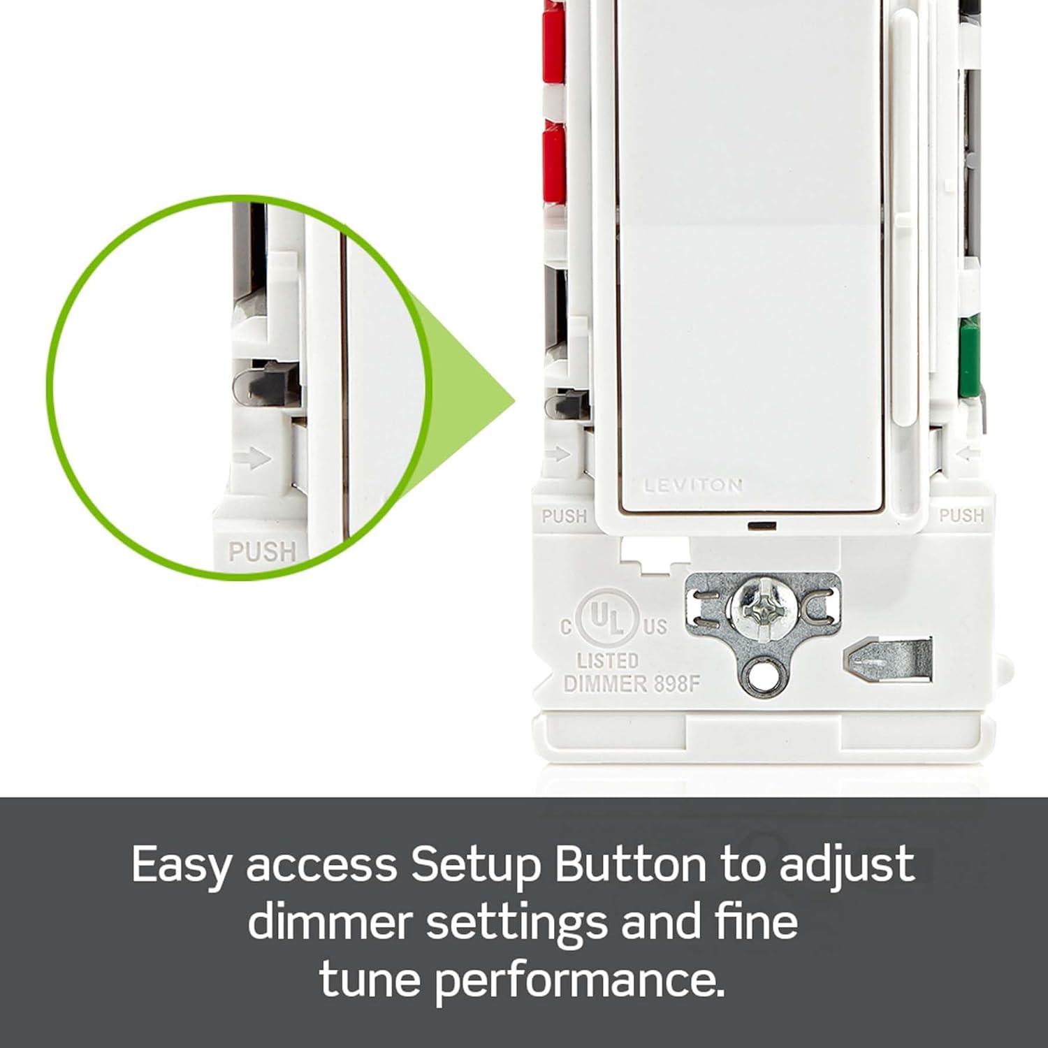 Close-up of the easy access setup button on the Leviton dimmer switch
