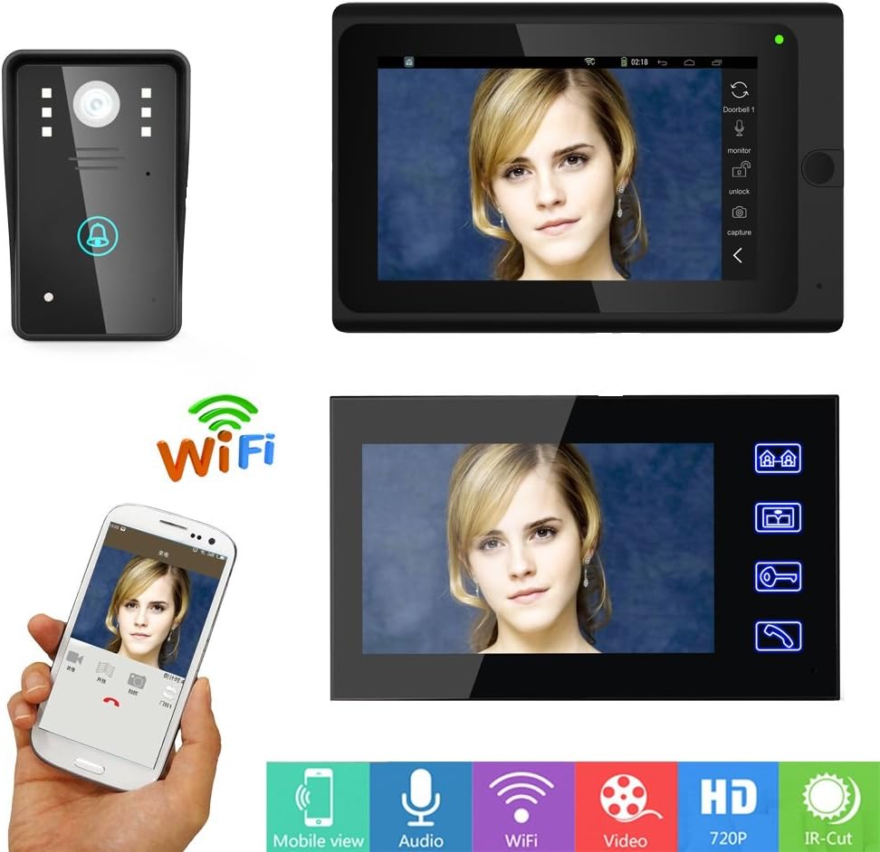 GAMWATER 7" 2 Monitors Wired /Wireless Wifi Video DoorPhone Doorbell Intercom System with IR-CUT HD 1000TVL Wired CCD Camera Night Vision