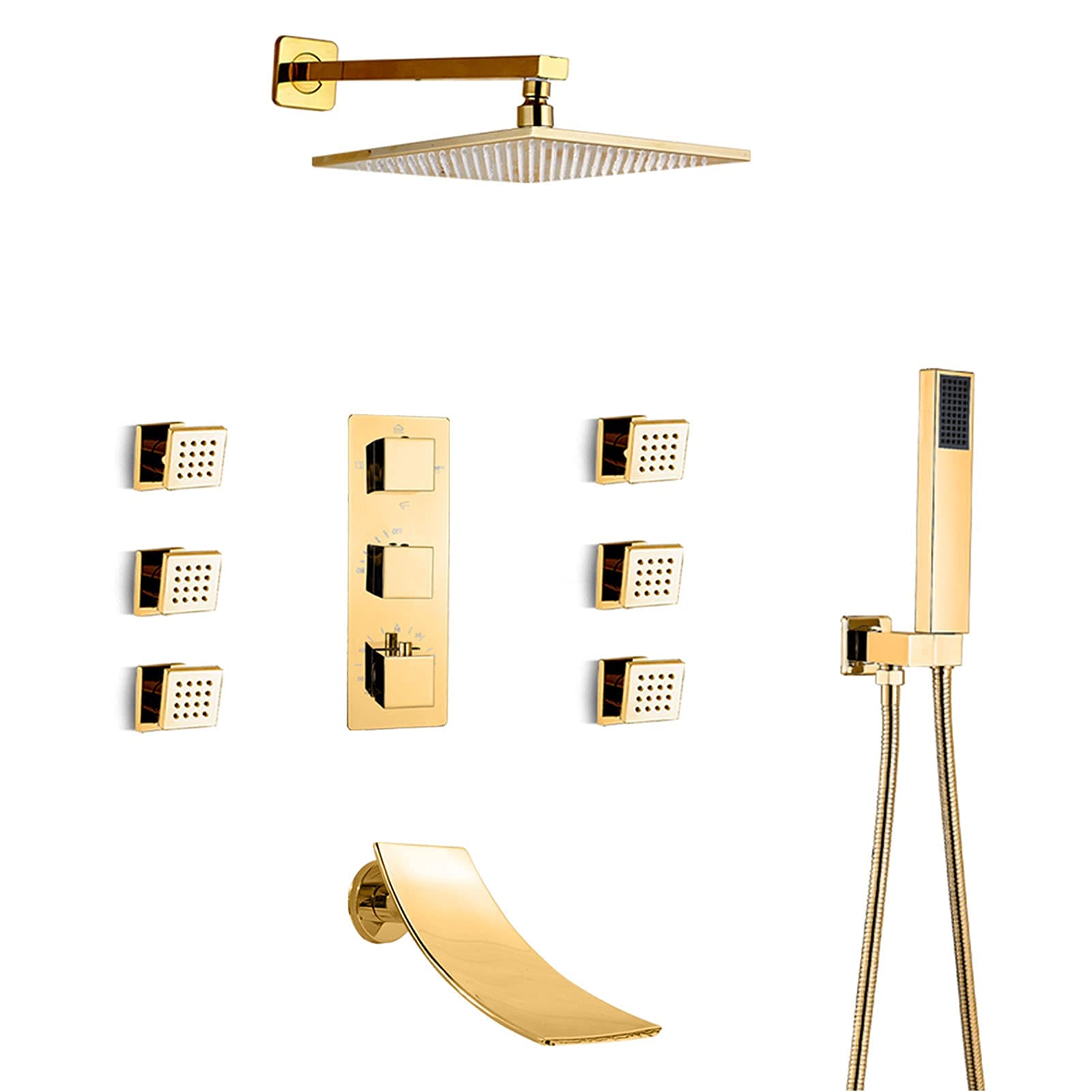 CWCQGH Gold Shower System, Thermostatic Shower Mixer Faucet, Brass Massage Jet Waterfall Bath Shower Faucet, Wall Mounted Shower Faucet Set,8inch,16inch