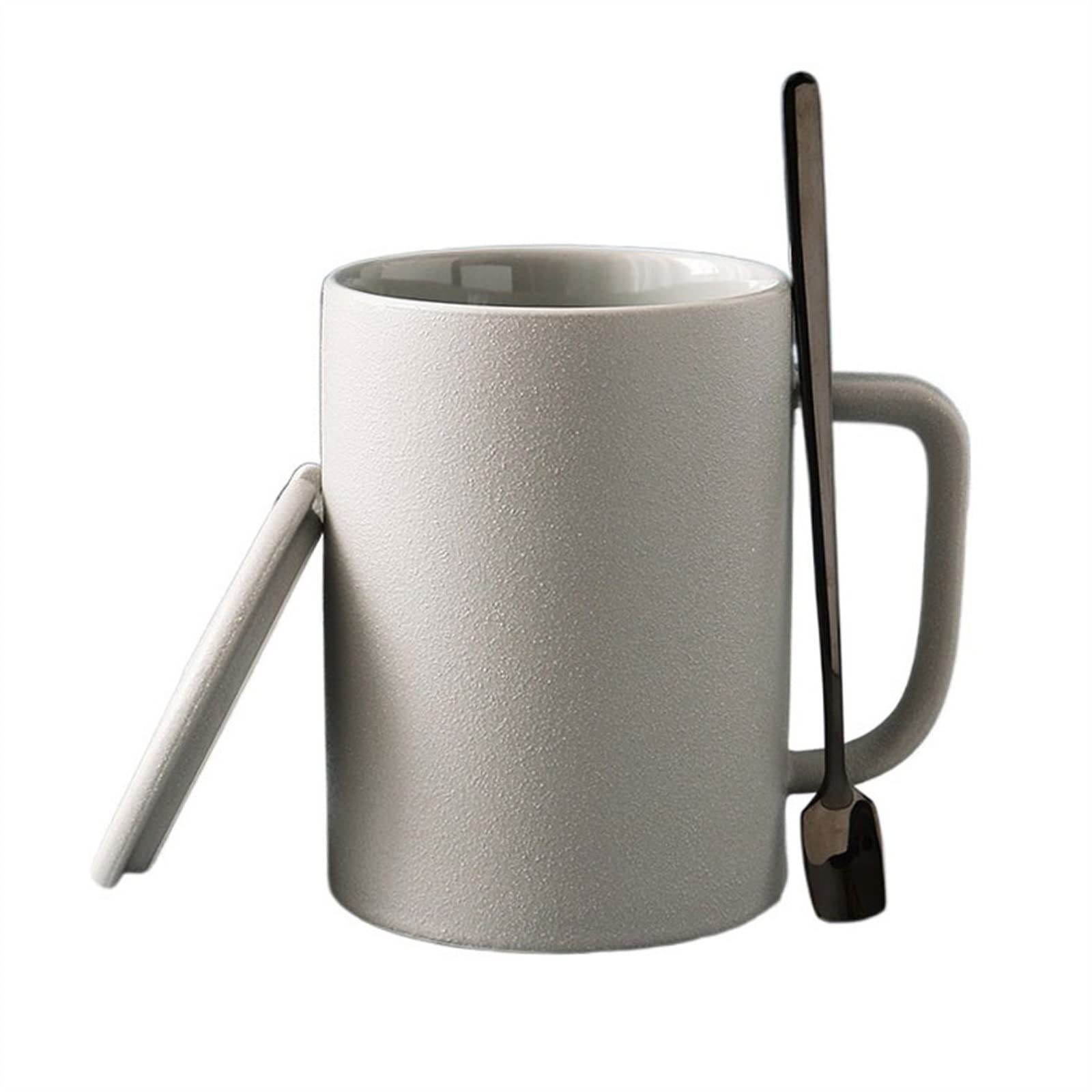 Keramik-Kaffeetasse, 350 ml/440 ml, europäische mattierte Keramiktasse mit Deckel, Löffel, grobe Keramik, Retro-Frühstück, Haferflocken-Tasse (D)