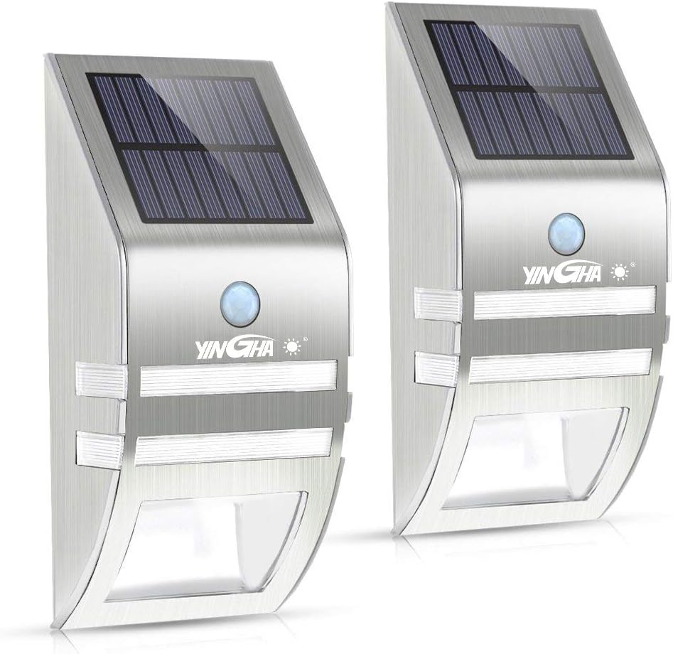 YINGHAO 2 Pack Solar Wall Lights Solar Motion Sensor Lights Stainless Steel Outdoor Decorative Solar LED Lights Solar Powered Security Lights Waterproof for Front Door Patio Deck Yard Garden Fence