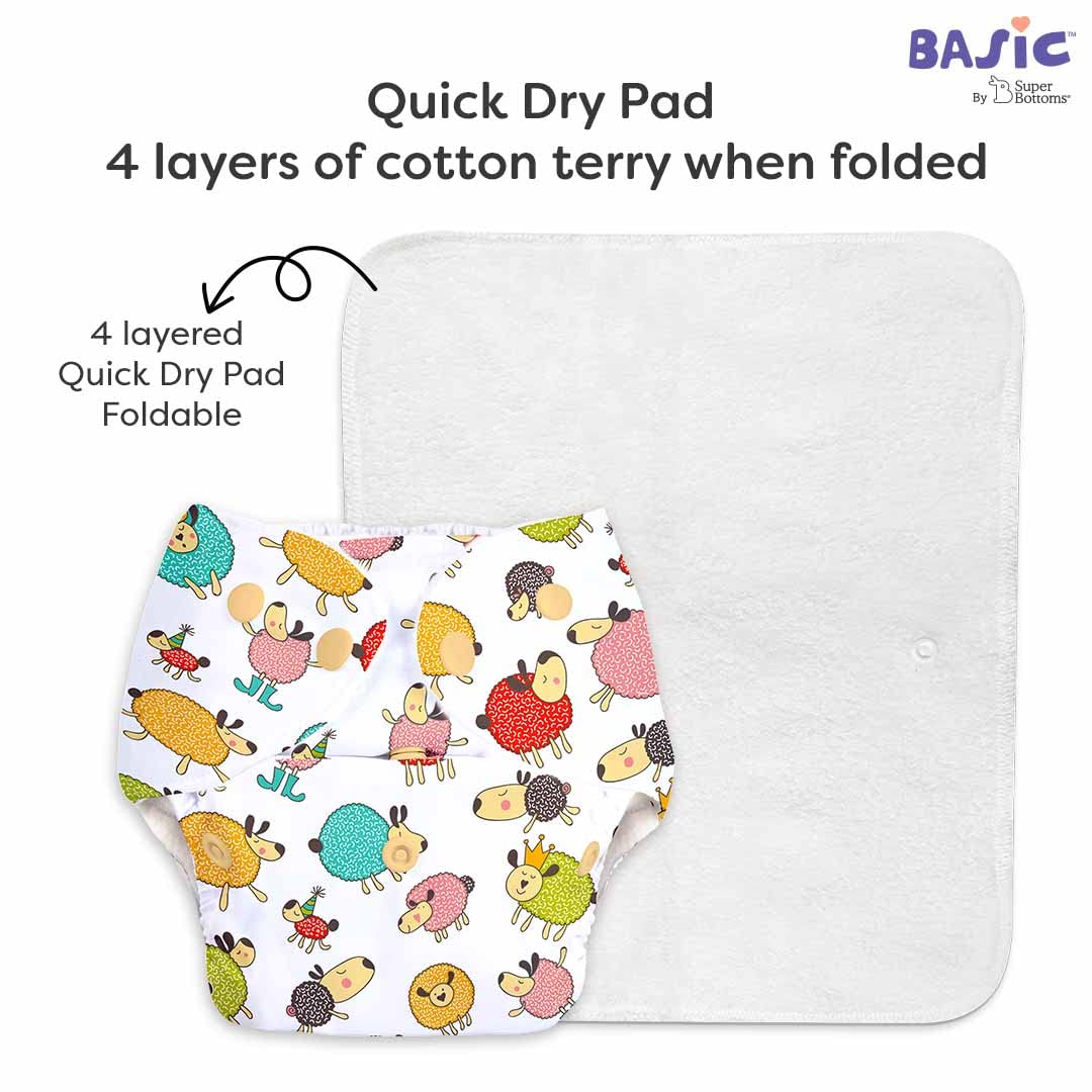 Superbottoms Basic Leakage-proof advanced cloth diapers for babies, High Absorbent 100% cotton 2 reusable diaper and 2 insert pad Combo Pack washable cloth diaper 3M -3Years Adjustable, Reduces Rash 3