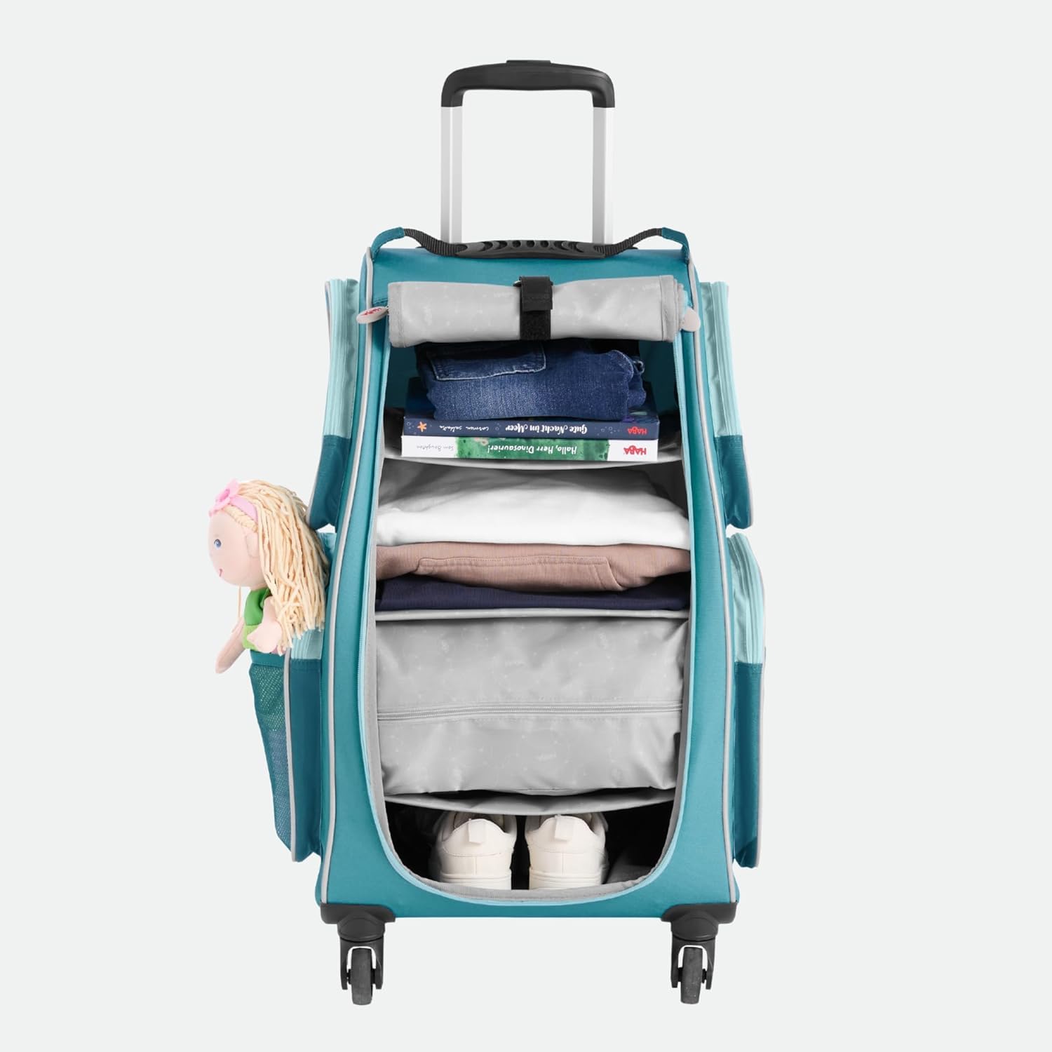 HABA Kinder-Schranktrolley Petrol mit 4 Rollen – Kinderkoffer aus recyceltem Polyester mit Schmutzwäschebeutel, 3 herausnehmbaren Böden und 4 Reißverschluss-Außentaschen – 2012724001