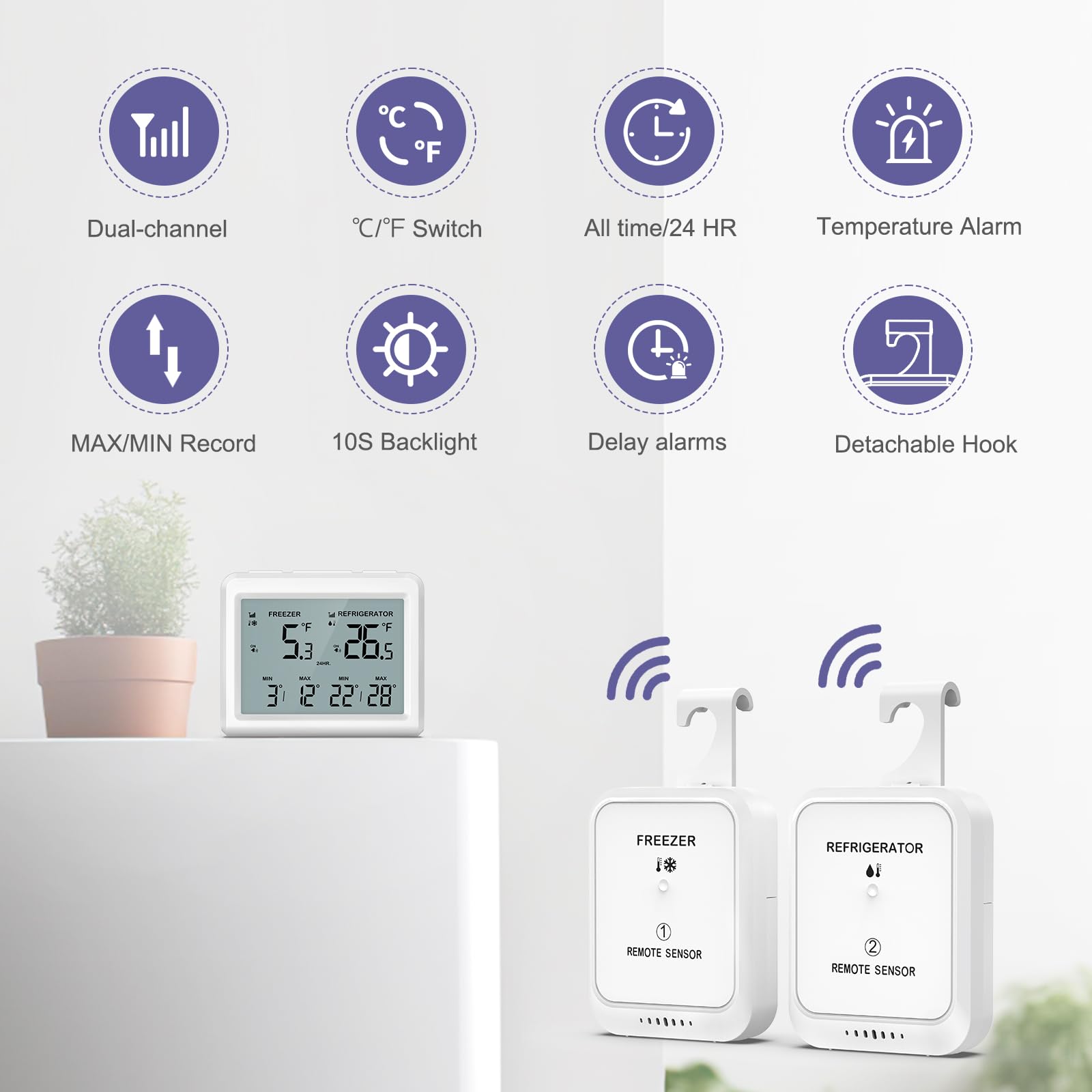 Termometro Frigo Termometro Congelatore con 2 Sensori, MIN/MAX, ℃/℉, Funzione Allarme, Allarme Congelatore, Termometro Frigorifero, Termometro Collegato per Casa, Cucina, Bar