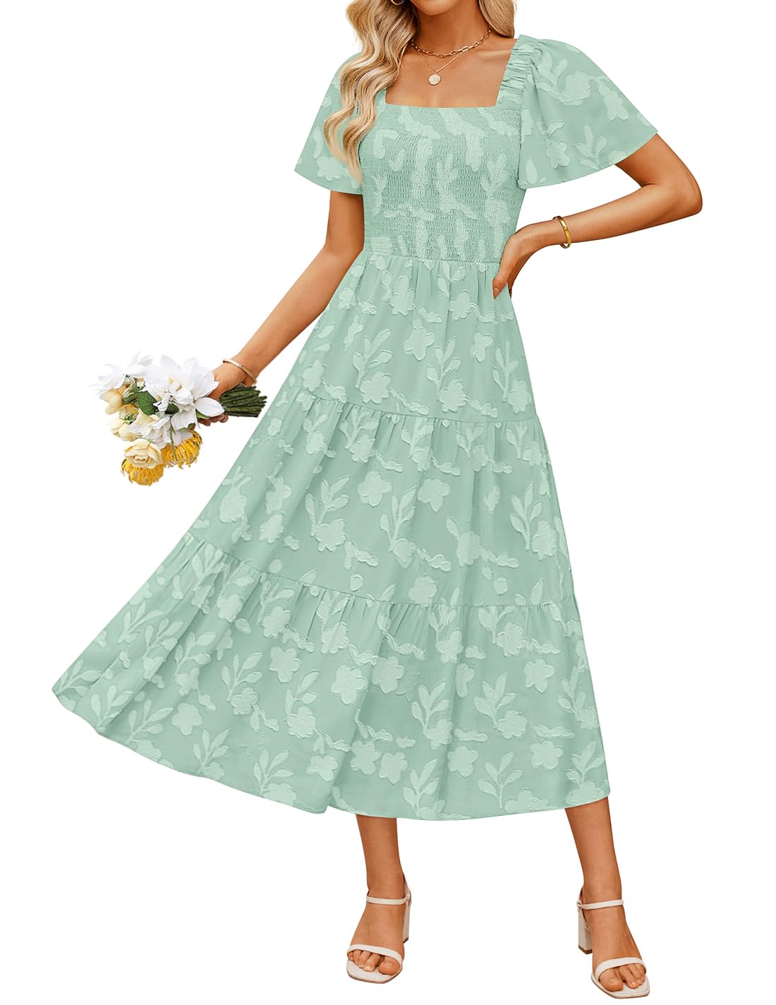 ZESICA Women‘s Summer Boho Floral Midi Dress 2026 Casual Short Sleeve Square Neck Flowy Beach Vacation Long Dress