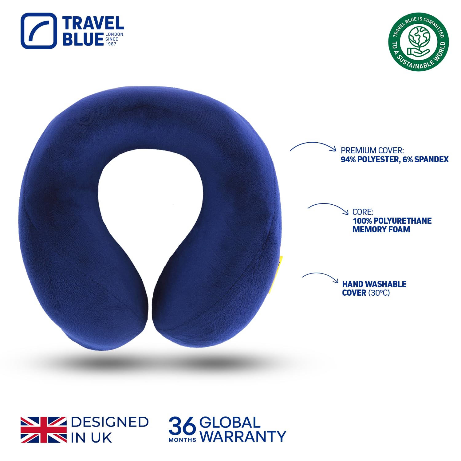 Travel Blue Coussin de Voyage en Mousse à Mémoire de Forme - Oreiller Ergonomique et Léger pour Le Cou - Ajustable Coussin pour Avion, Voiture et Bureau - Support pour Tête, Cou et Colonne (Navy)