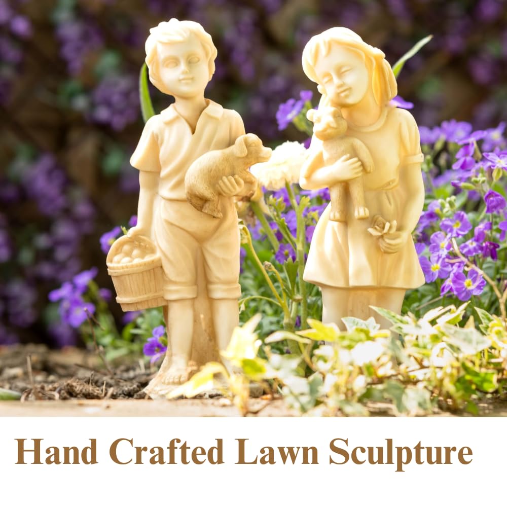 Set Di 2 Statue Da Giardino Garden Mile - Ragazzo E Ragazza Effetto Pietra Invecchiato, 24cm