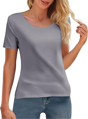 Heevina Short Sleeve Shirts for Women Ice Crewneck Solid Color Basic Tshirts Summer Fall Fashion Casual Tops Trendy