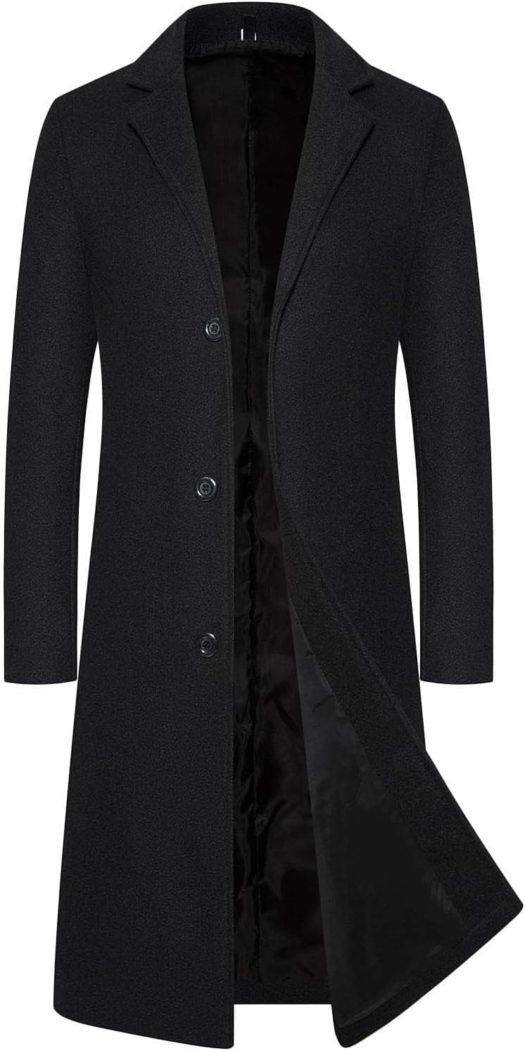 INVACHIMen's Wool Blend Long Pea Coat Notched Collar Single Breasted Overcoat Warm Winter Trench Coat