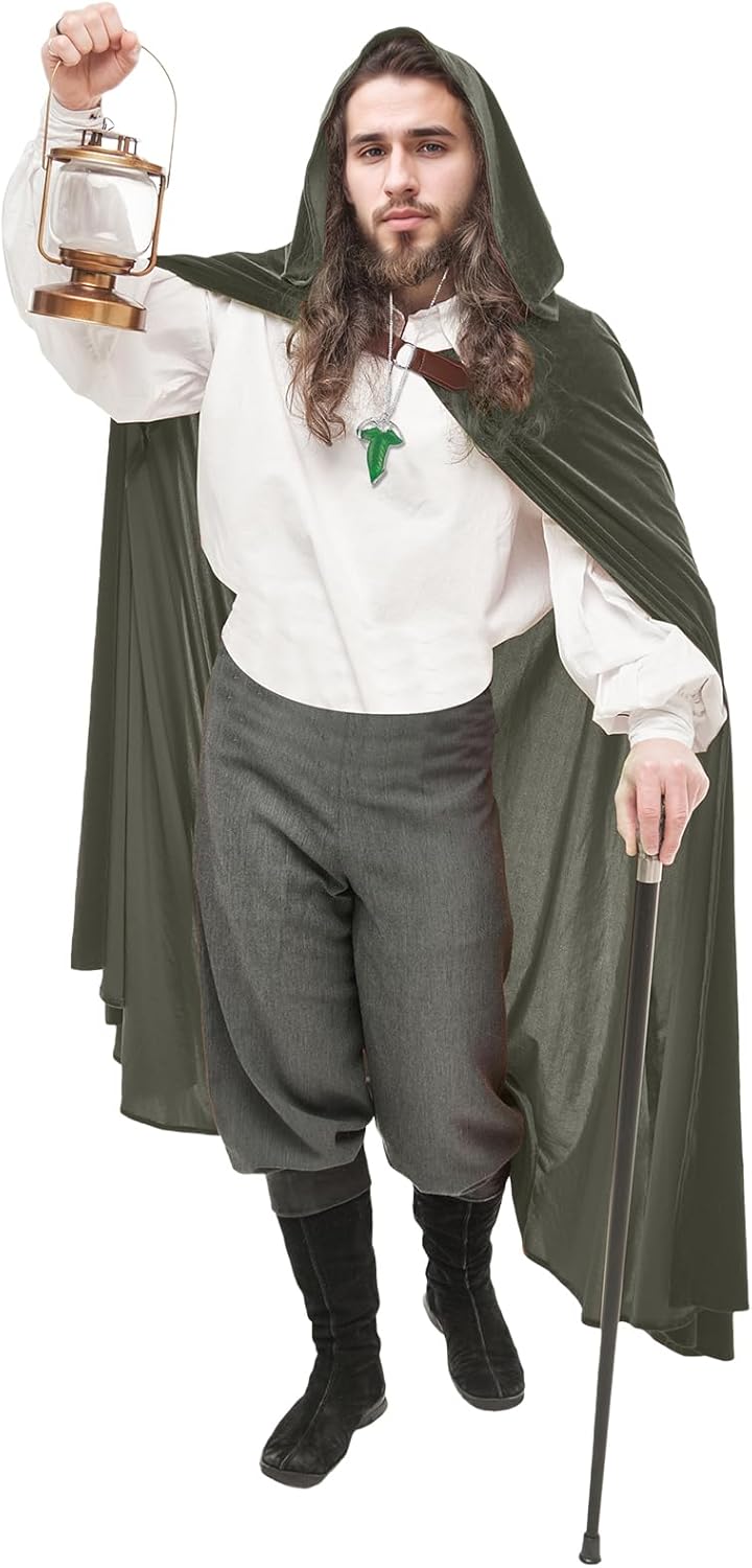Medieval Costume Cloak with hood men Adult Renaissance Hooded Cloak with Green Leaf Brooch Necklace - Image 2