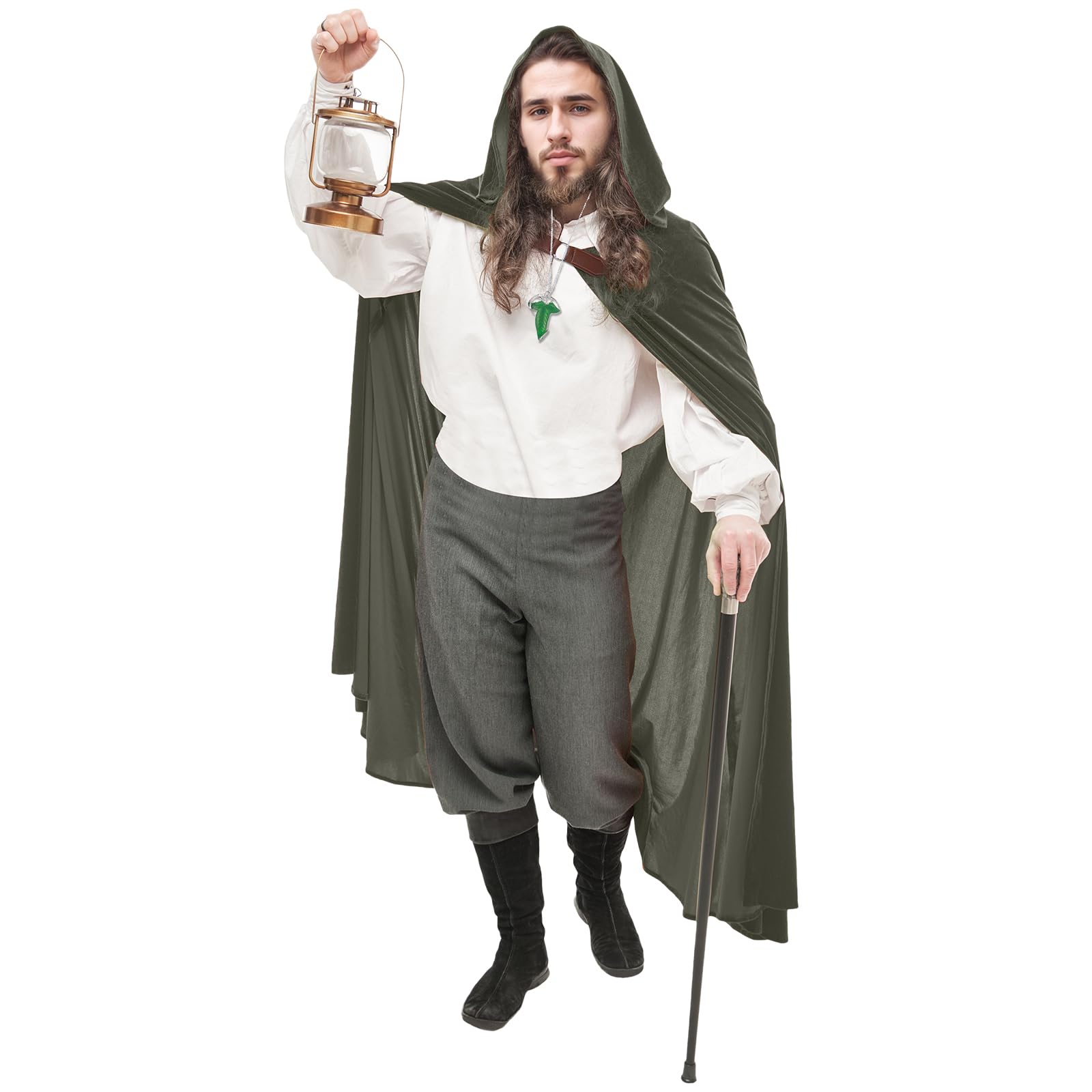 Renaissance peleryna z kapturem z zielonymi liśćmi, broszka, średniowieczna odzież, unisex, Halloween, średniowieczny płaszcz z kapturem