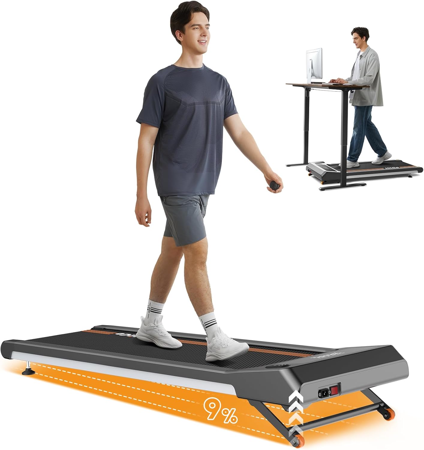 Walking Pad Treadmill with 9% Auto Incline, Under Desk Treadmill for Home Office, Portable Design with 9-Level Incline, Remote Control, App, and Large LED Display