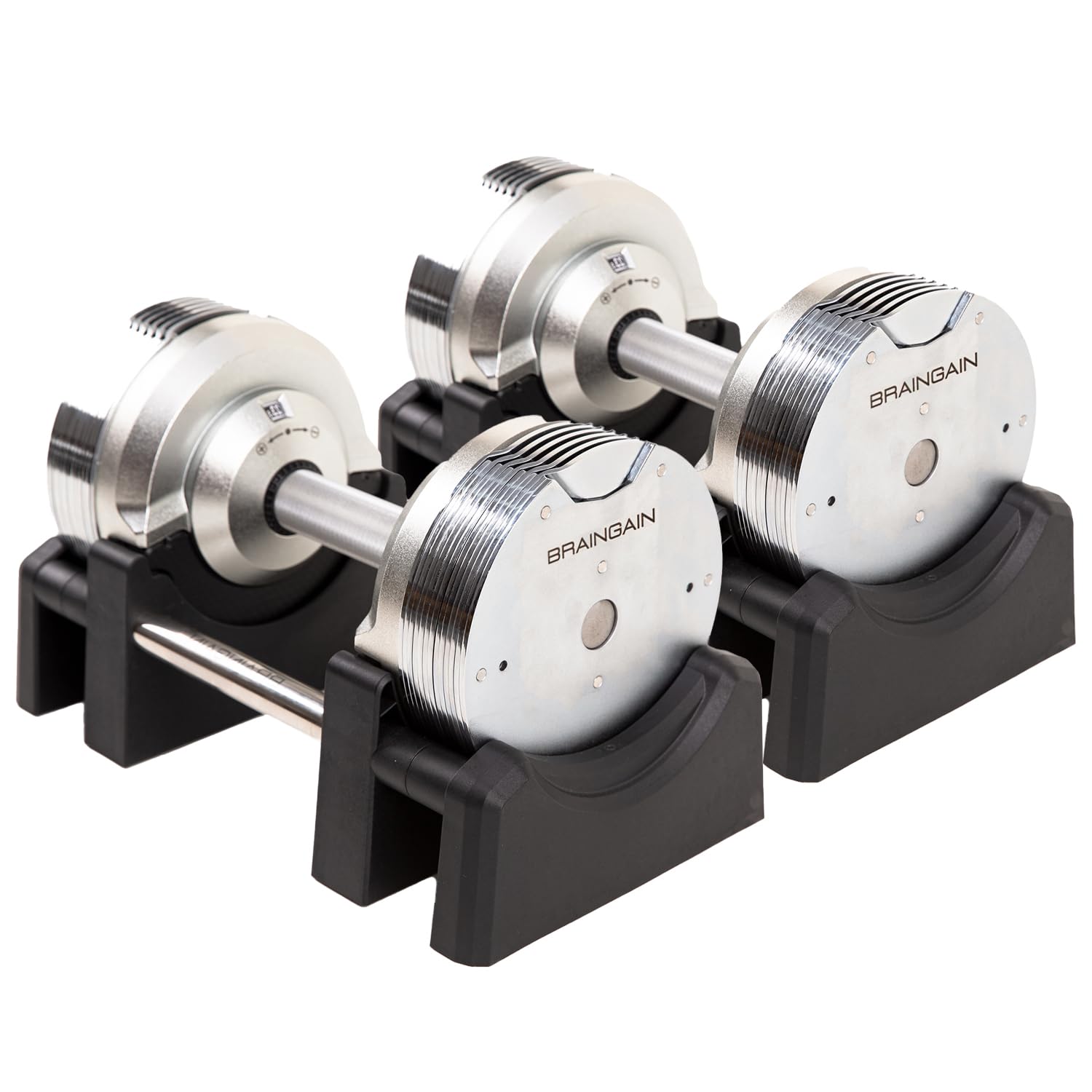 BRAINGAIN Mancuernas Ajustables Set 23,5kg/32,5kg/41,5kg – Ahora con mango Gen 4 de 34mm – Cambia de peso en 1 seg – Equipo de gimnasio en casa que ahorra espacio – Varios pesos en uno – Cromo/Negro