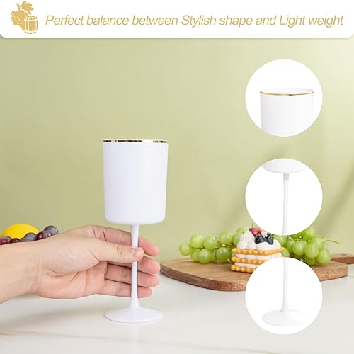 Miniatura 6 de Ciaell Paquete de 12 copas de vino de plástico blanco  Copas de vino de plástico de 10 onzas con tallo  Copas de vino desechables blancas y doradas,