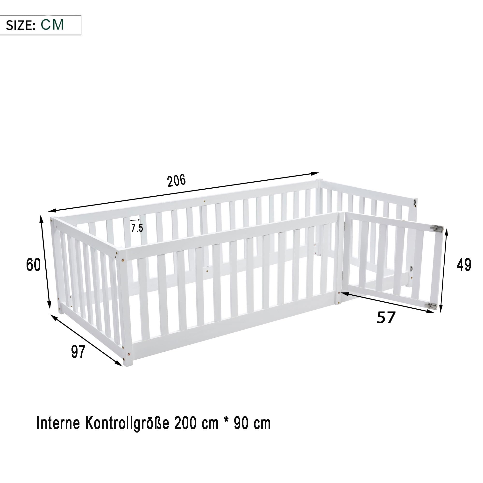 Zepneiy Letto per bambini, 90 x 200 cm, telaio per letto a pavimento in legno massello, letto per bambini con recinzione e porta, bianco
