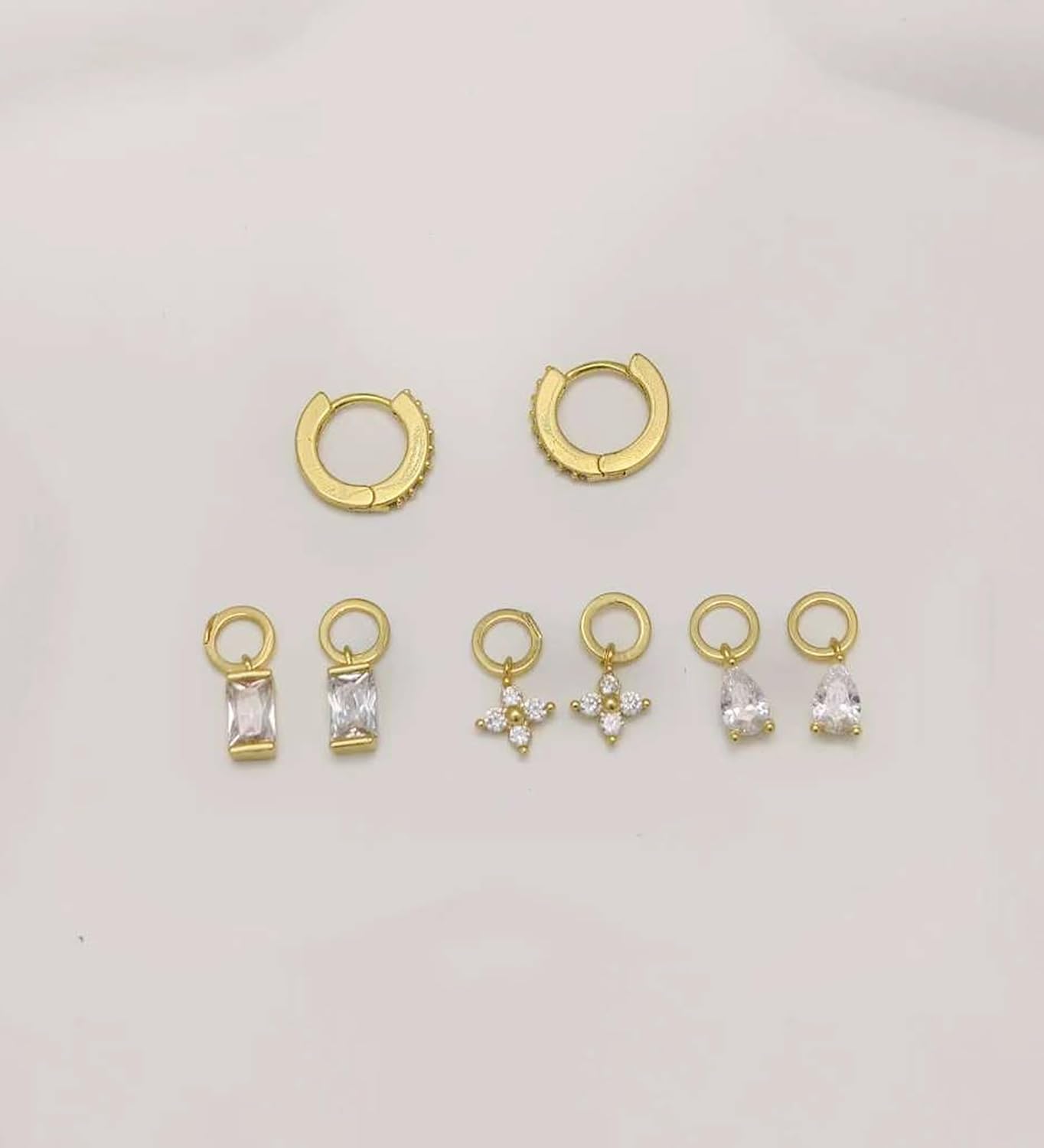 14K Gold Plated Hoop Huggie Earrings and Charm Set for Women Hypoallergenic Cartilage CZ Hoop Charm Earrings Small Flower Bar Dangle Hoop Charm Set - Image 5