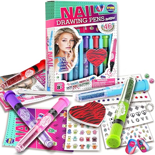 Image of Craft Nail Pens Kit for Kids Ages 7-12, FunKidz Nail Set with Nail Polish Glitter Sticker Temporary Makeup Nails Kit for Girl Teens Party Activities Gifts