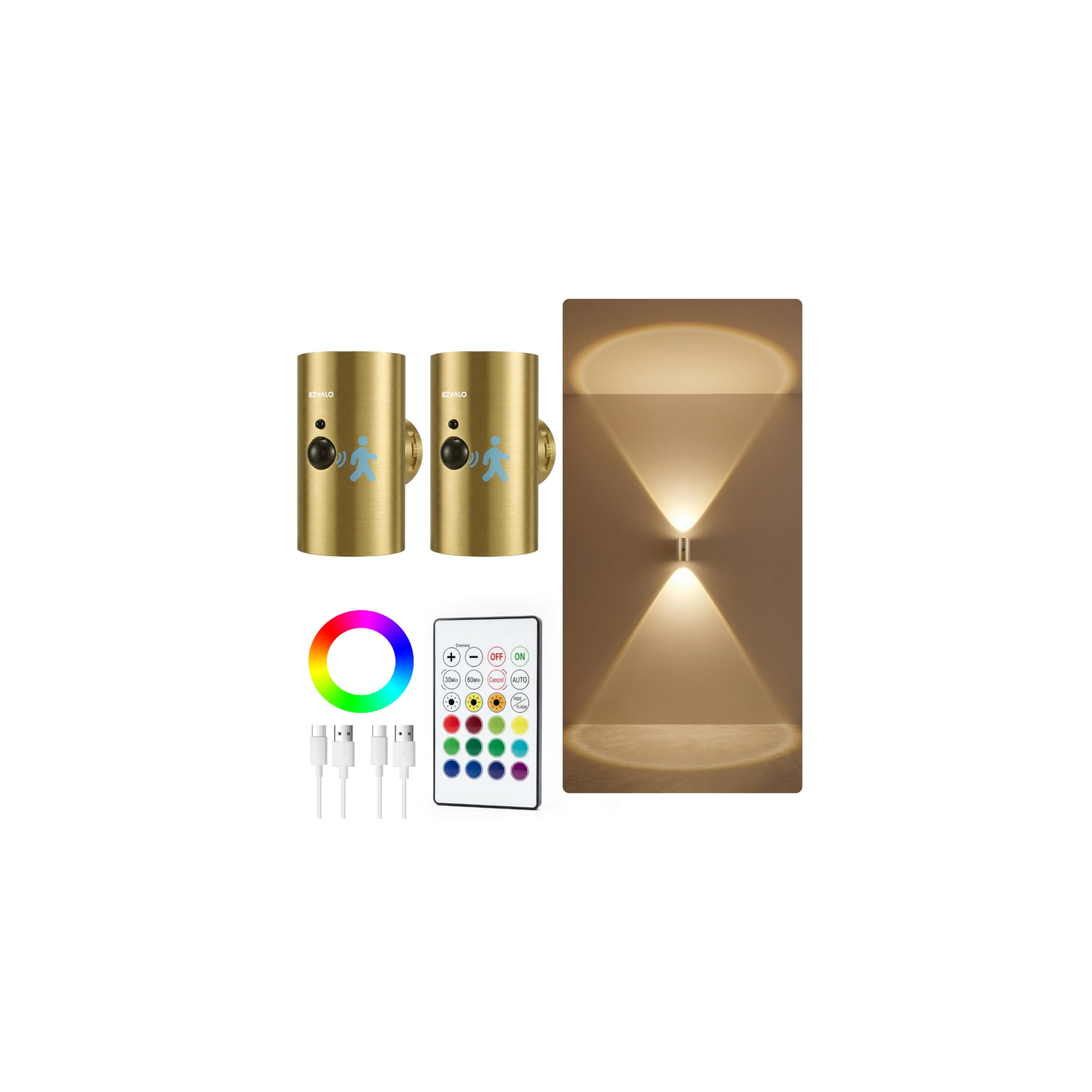 EZVALO Motion Sensor Wall Lights, 4000mAh Rechargeable Battery LED Wall Lights, 3 CCT & 12 RGB with Remote Control, Cordless Lamp for Hallway Stairway Bedroom (2, Gold)