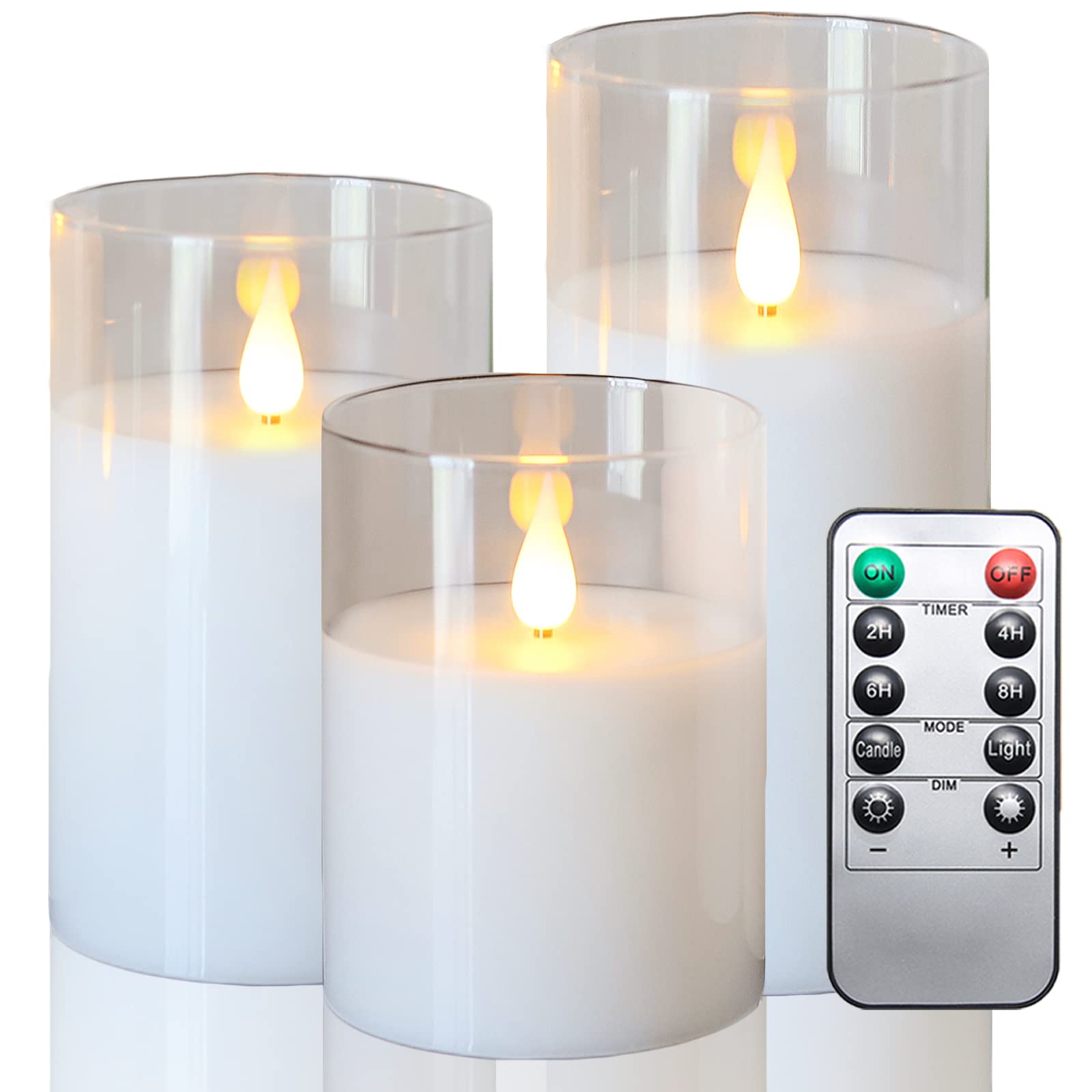 LezonicFlameless Battery Operated Candles with Remote and Timer, Set of 3 (D:3” x H:4”5”6”) LED White Flickering Pillar Candles with Realistic 3D Flame