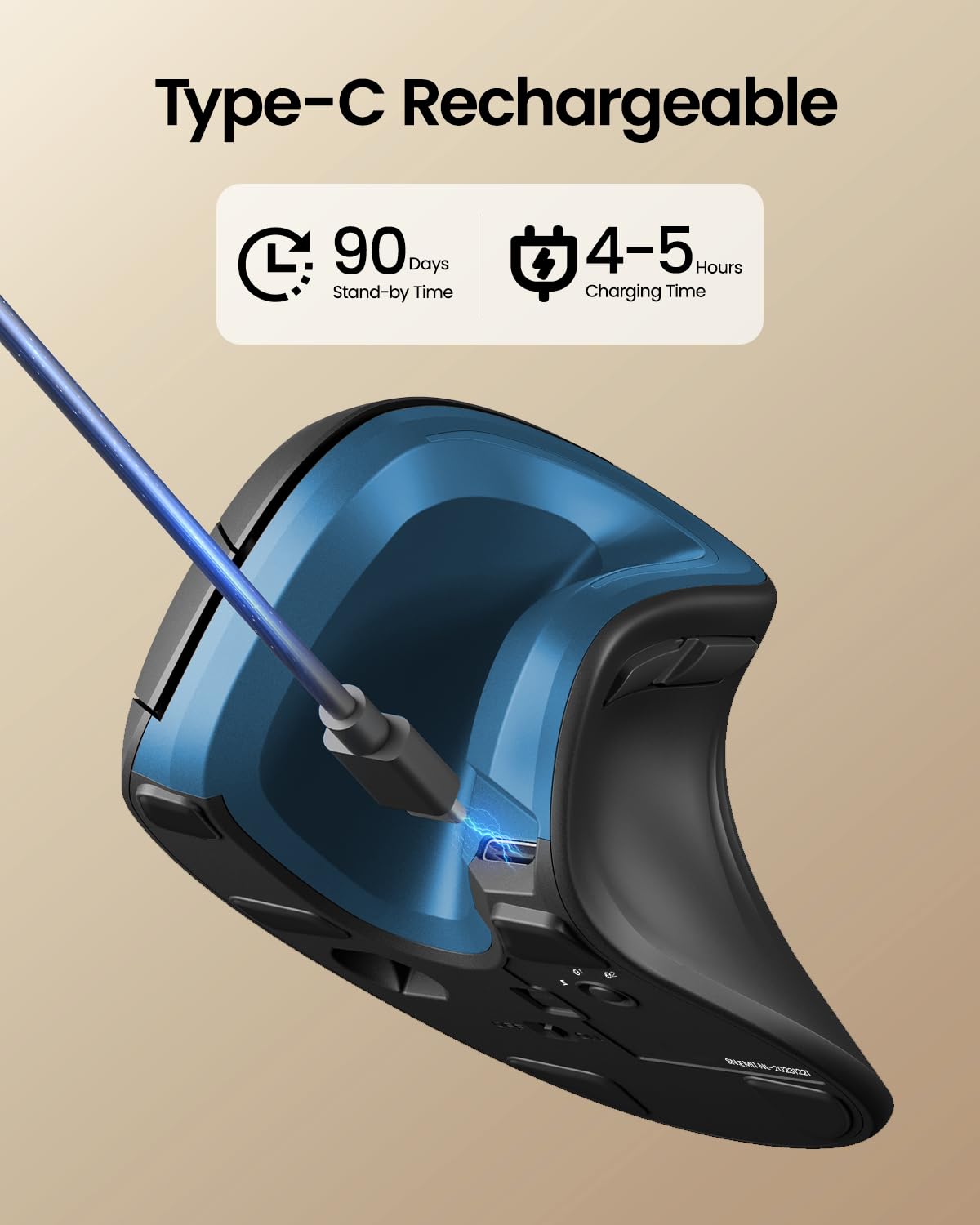 ProtoArc EM11 NL Mouse Ergonomico Verticale Senza Fili, Ottico Ricaricabile Con 3 Porte Dispositivi (2*Bluetooth & USB), 3 DPI Regolabili per Computer, iPad, Mac, Windows - Nero Blu