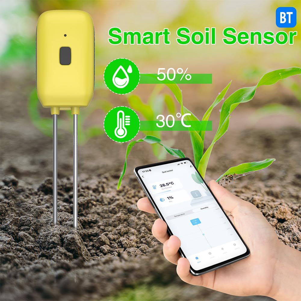 Bodenmessgerät, intelligenter Pflanzenwassersensor, Temperatur- und Feuchtigkeitsalarm, Outdoor, IPX5, Doppelnadel-Bodentester, Gartenarbeit für Rasen, Bauernhof, Garten,