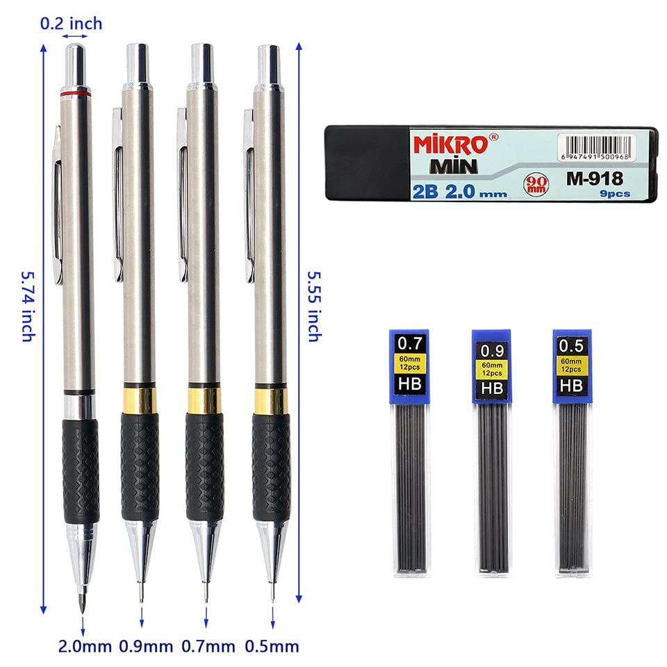 Ołówki 4 szt./partia Metalowe ołówki mechaniczne 0,5/0,7/0,9/2,0 mm Ołówki automatyczne (partia 4 szt.) (partia 4 szt.)