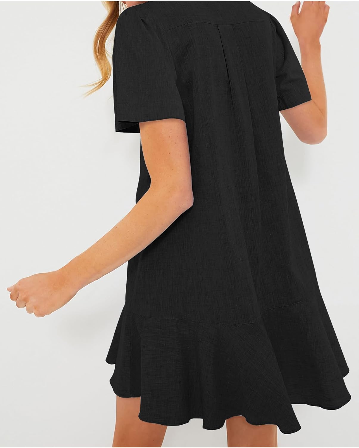Women's Button Down Shirt Dress Summer Casual Short Sleeve Cotton Linen Ruffle Shift Mini Dresses Black, Medium - Image 2
