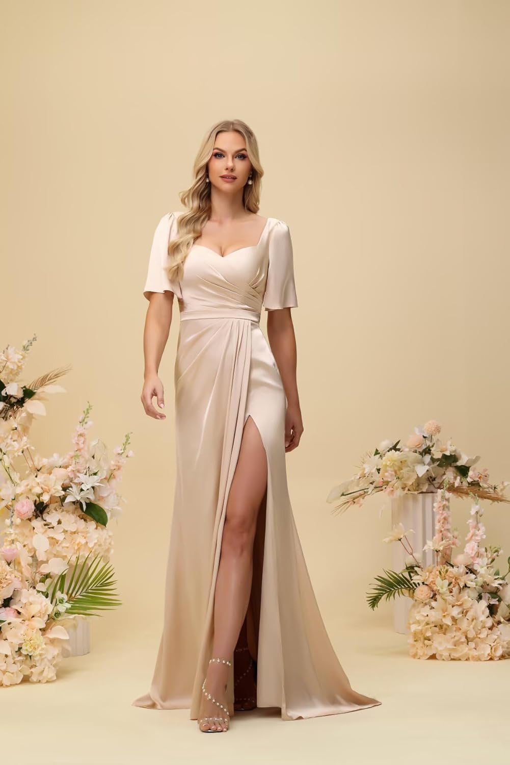 Satin Bridesmaid Dresses for Women with Slit Short Sleeves Sweetheart Pleated Long Formal Evening Dress