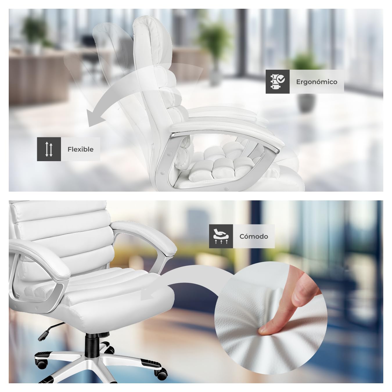 tectake®, Silla Oficina Ergonómica, Sillón Escritorio Ajustable, Silla Giratoria con Base de Ruedas, Altura Regulable, Acolchado Extra Grueso, Ergonómico, Basculante, 360° Rotación - Blanco