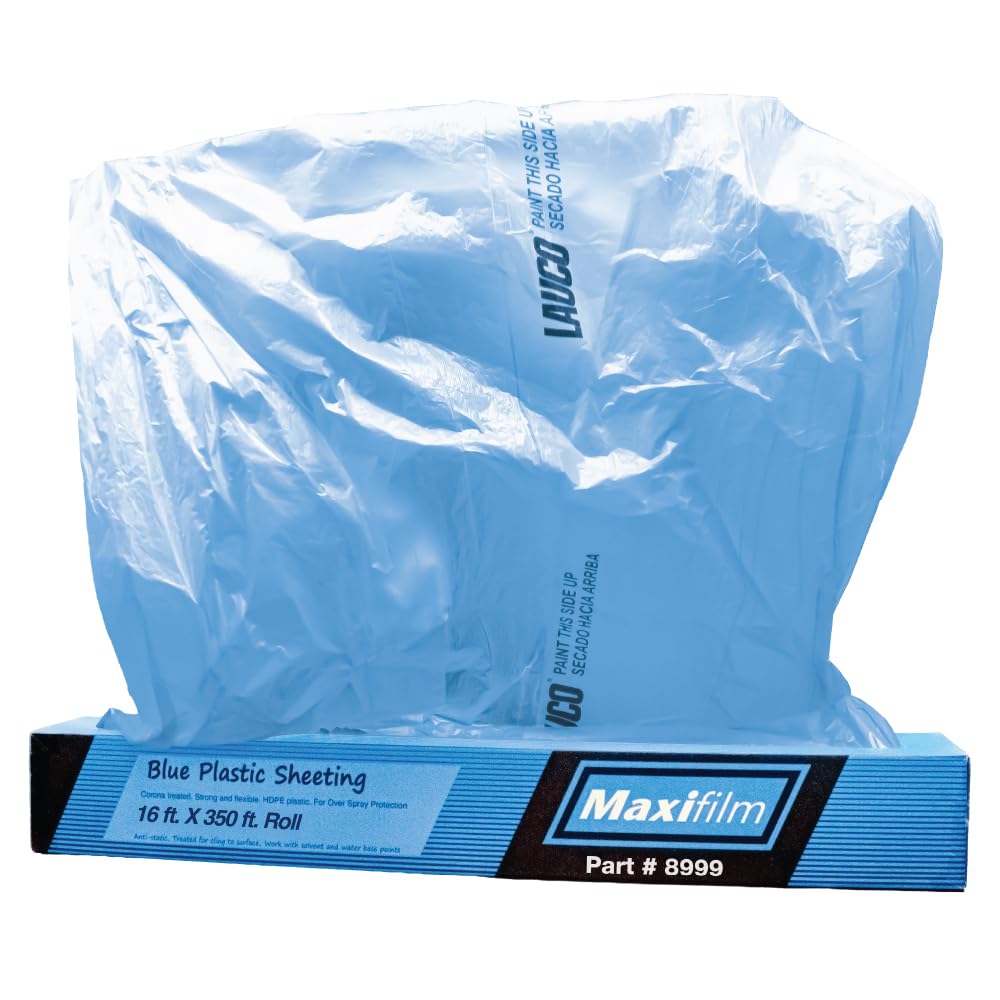 MAXIFILM 16ft x 350 ft Roll of Blue Overspray Paintable Plastic Sheeting - 8 Micron, 0.3 Mil, Protective Corona Treated Masking Film Cover - Auto Car Painting, Bodyshop Repair, House Paint Cloth