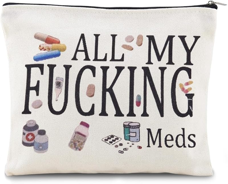 Necessaire Sisadodo em lona com zíper e estampa "All My F*cking Meds", 20,07 x 20,07 x 10,16 cm