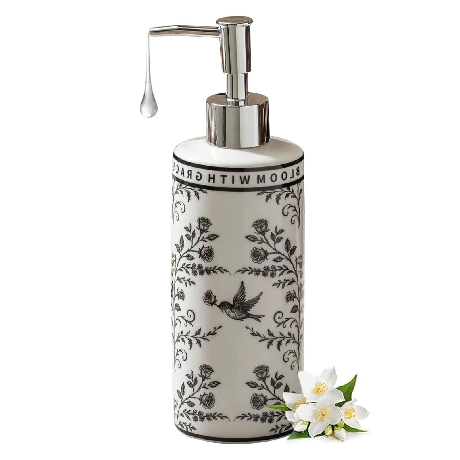 Qyleee A Hand Classical Prints Dish 13.5Oz With Silver Pump Refillable Lotion Home Bathroom Decor Dish For Bathroom(A)