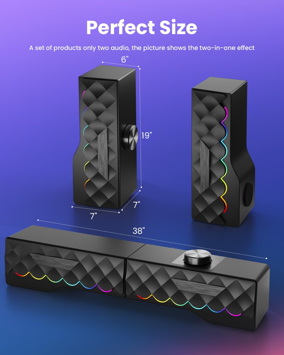 Haut-parleurs pour PC stéréo - Haut-parleur amovible avec LED RVB pour jeux dynamiques et frais - Soundbar avec câble USB pour tablette, téléphone portable, ordinateur portable, MP3/MP4