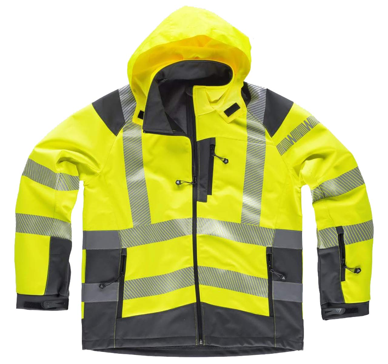WORKTEAM Chaqueta Softshell de ALTA VISIBILIDAD, Cintas Reflectantes Discontinua, Capucha, Cortavientos, Repelente Agua, Membrana Transpirable y Alta Capacidad Térmica. Unisex