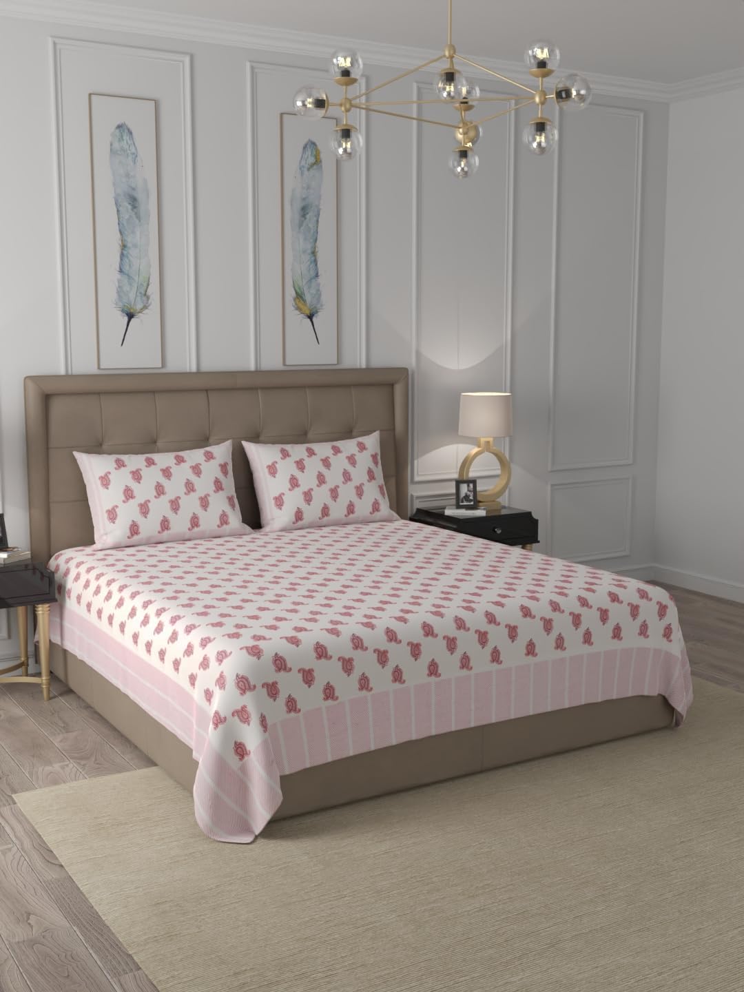 CURBS Pure Cotton Floral Hand Printed Super King Bedsheet, 108 x 108 Inches, TC 340 | Flat Sheets for Bedroom, Living Room (WM_419_RSP)