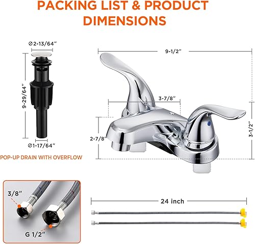 Vista 17 de Bathroom Sink Faucets 2/3 Hole,Matte Black Dual Handles 4 inch Plastic Plating Over Bathroom Faucet with Pop-up Drain and 2 Supply Hoses for