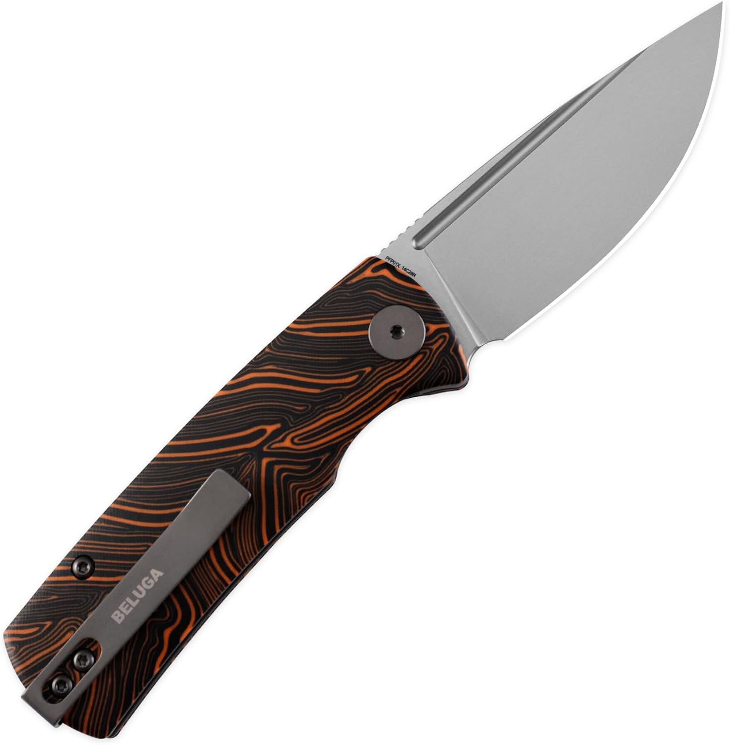 Petrified fish PFP01X Beluga,2.99" 14C28N Sand blasting Blade,95.6g G10 Hande Front Flipper Liner lock Folding knife (Orange Gmascus, Sand blasting)