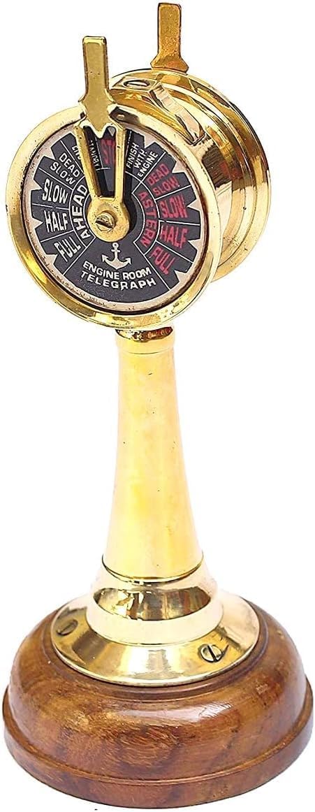 Vimal Nauti Antique Brass Ship Telegraph, 5 Inch Marine Engine Room Decorative Order Telegraph with Wooden Base