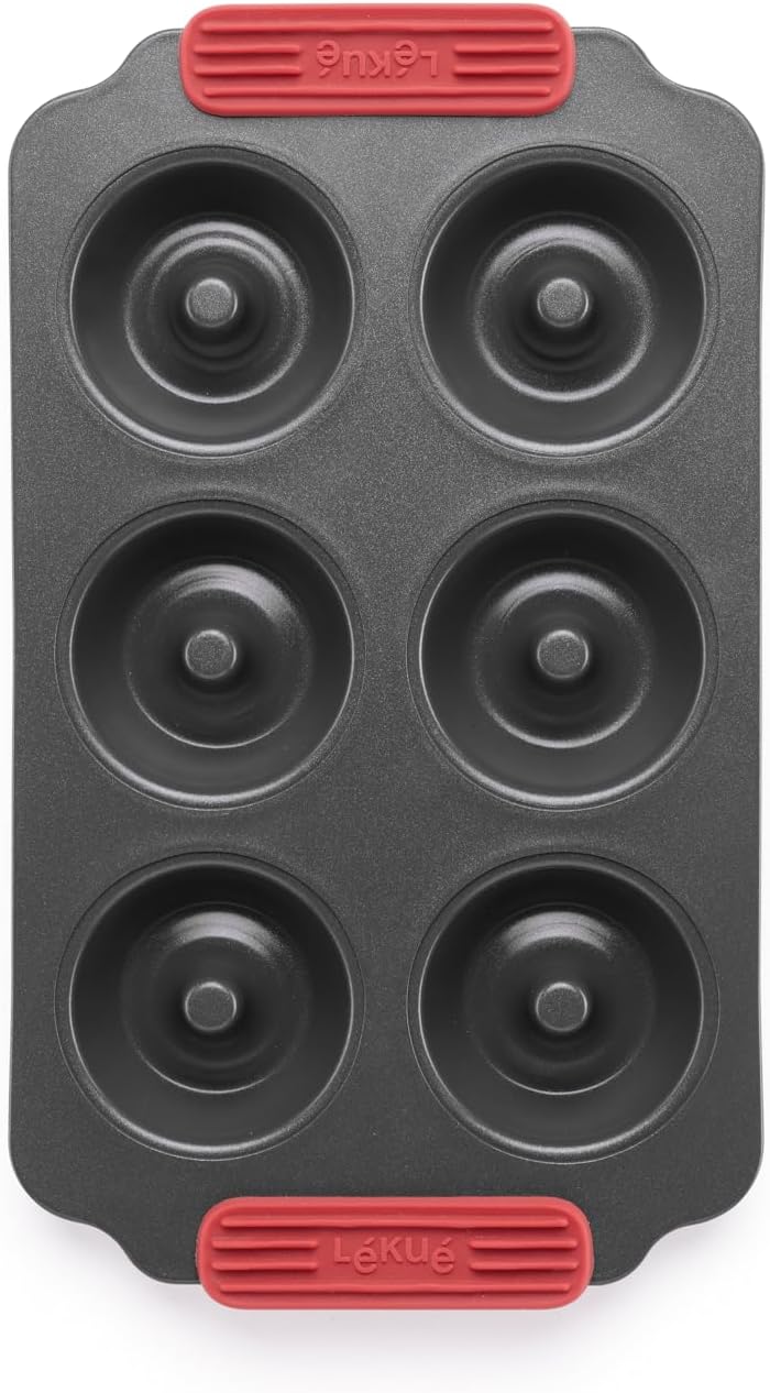 Lékué Non-Stick 6 Hole Donut Mold - Carbon Steel Oven Baking Pan with Platinum Silicone Handles, Even Heat, Dual Non-Stick Ceramic Coating, Scratch Resistant, PFOA & PFA-Free, 12.2 x 7.1 x 1.2"