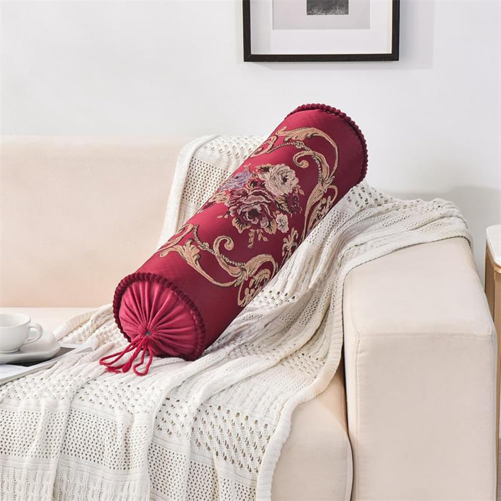 Jacquard Weave Luxury Round Neck Pillow Sofa Decorative Long Cylinder Bolster Pillow Bed Knees Cervical Roll Pillow (15×50cm/5.91"×19.7", Red)