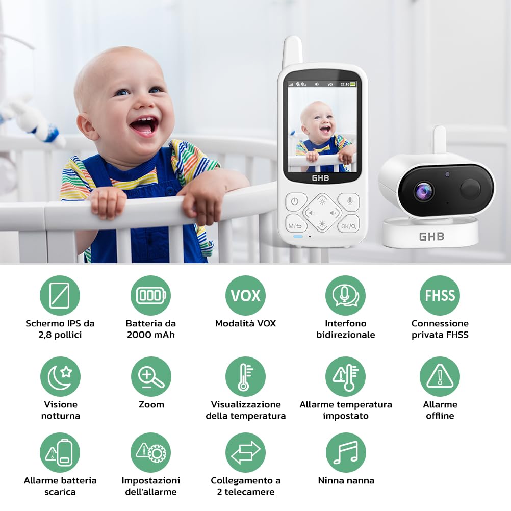 GHB Baby Monitor 2.8", 2000mAh Batteria, Schermo IPS HD Audio Bidirezionale, VOX Visione Notturna, Monitoraggio Temperatura, 8 Ninne Nanne